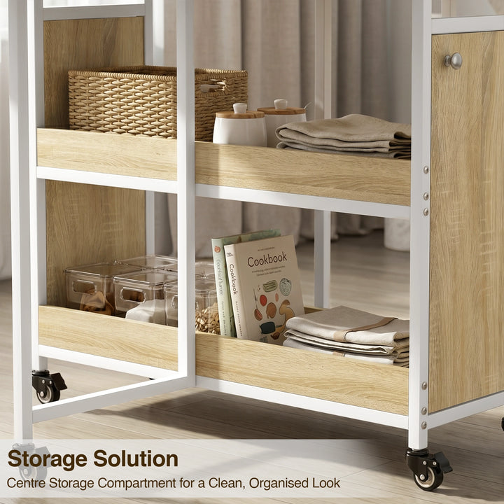 [Oak Effect] Kitchen & Dining Furniture Sets centre storage shelves with basket, jars, cookbook, and folded linens.