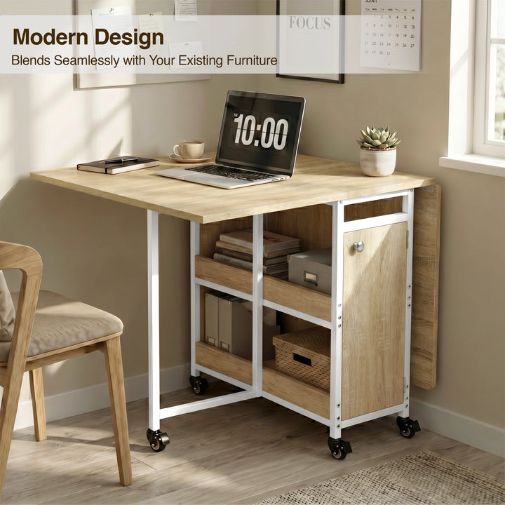 [Oak Effect] Kitchen & Dining Furniture Sets folding table used as a laptop desk with chair, shelves, and storage door.