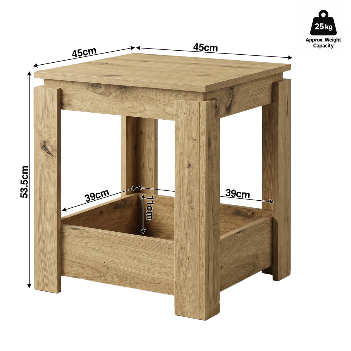[Oak] Size guide showing a 45 x 45 cm top, 53.5 cm height, 39 x 39 cm lower shelf, 11 cm front panel and 25 kg approximate capacity
