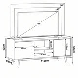 [Oak] Larvik Natural TV Stand Unit with Storage 112cm Black Top sizing diagram detailing the structural measurements and television screen size comparisons up to 50 inches
