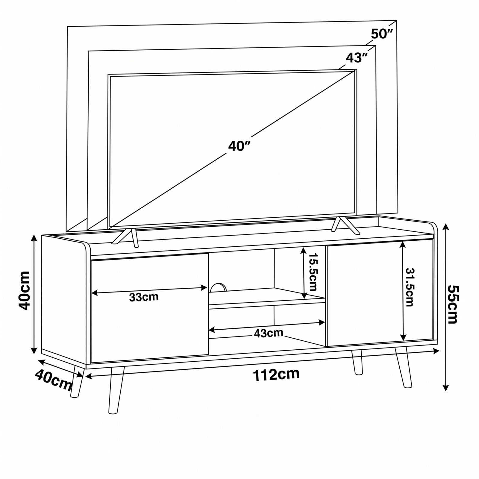 [Oak] Larvik Natural TV Stand Unit with Storage 112cm Black Top sizing diagram detailing the structural measurements and television screen size comparisons up to 50 inches