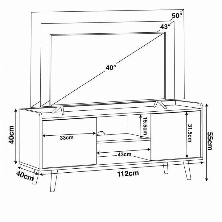 [Oak] Larvik Natural TV Stand Unit with Storage 112cm Black Top sizing diagram detailing the structural measurements and television screen size comparisons up to 50 inches