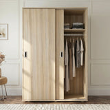 [Oak Effect] Torvek sliding wardrobe one door open in bedroom showing hanging rail, upper shelf and storage basket below