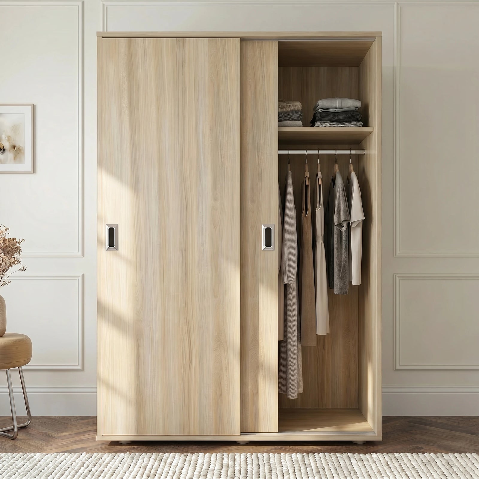 [Oak Effect] Torvek sliding wardrobe one door open in bedroom showing hanging rail, upper shelf and storage basket below