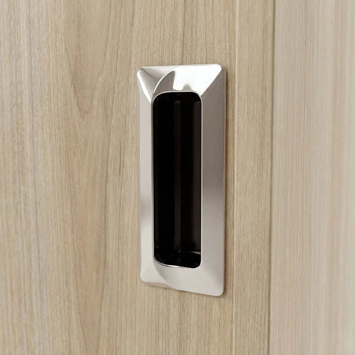 [Oak Effect] Torvek wardrobe close-up of polished metallic recessed rectangular flush handle on oak-effect door panel