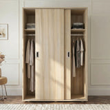 [Oak Effect] Torvek sliding wardrobe both door open in bedroom showing hanging rail, upper shelf and storage basket below