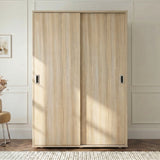 [Oak Effect] Torvek 2 door sliding wardrobe fully closed front view styled in a neutral bedroom with floor lamp