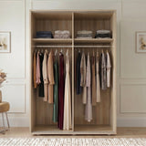 [Oak Effect] Torvek wardrobe both doors open showing full interior with hanging clothes, folded items and floor baskets