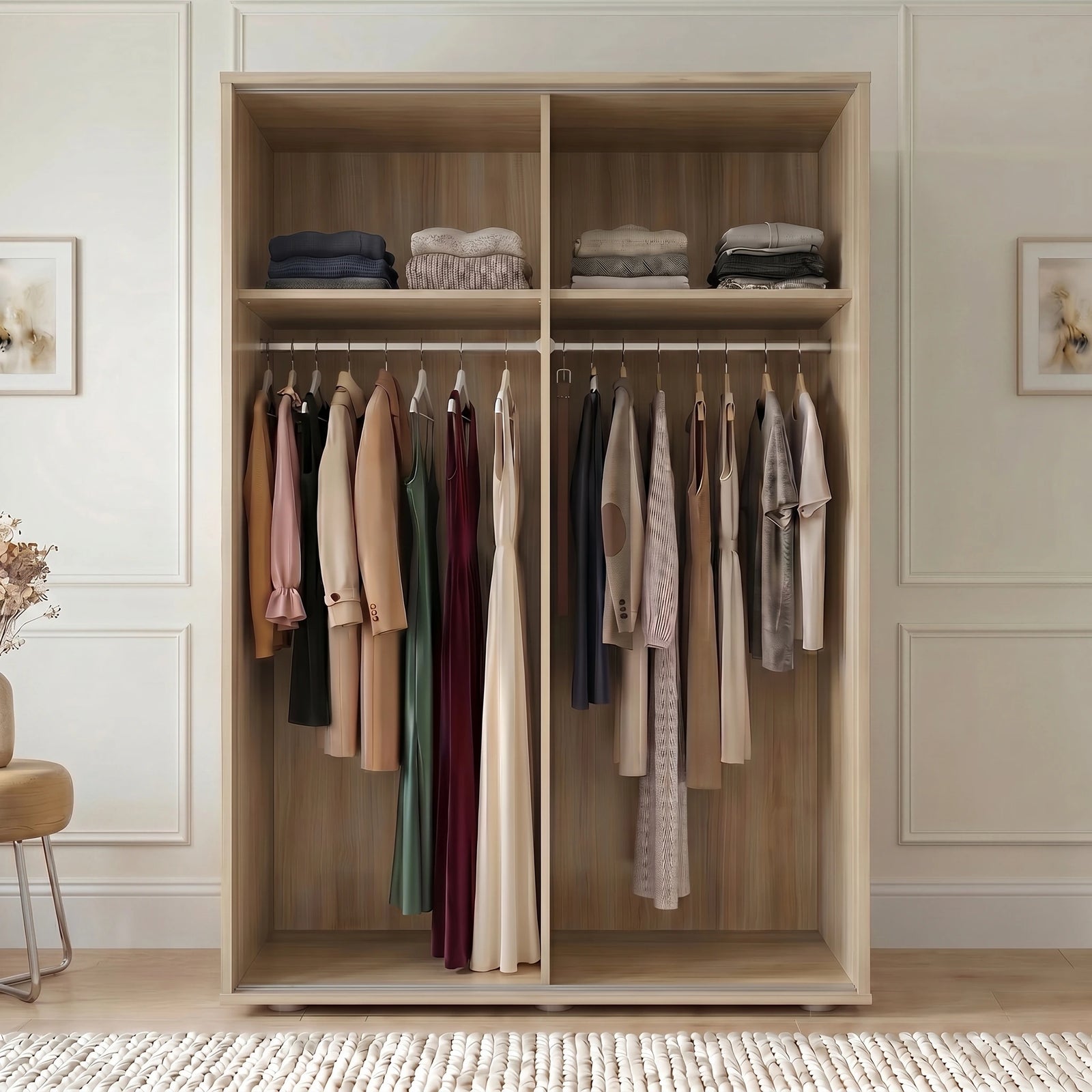 [Oak Effect] Torvek wardrobe both doors open showing full interior with hanging clothes, folded items and floor baskets