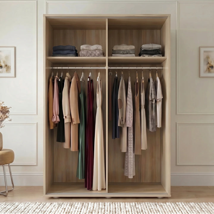 [Oak Effect] Torvek wardrobe both doors open showing full interior with hanging clothes, folded items and floor baskets