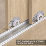 [Oak Effect] Torvek wardrobe close-up of chrome sliding door roller wheels on aluminium bottom track rail