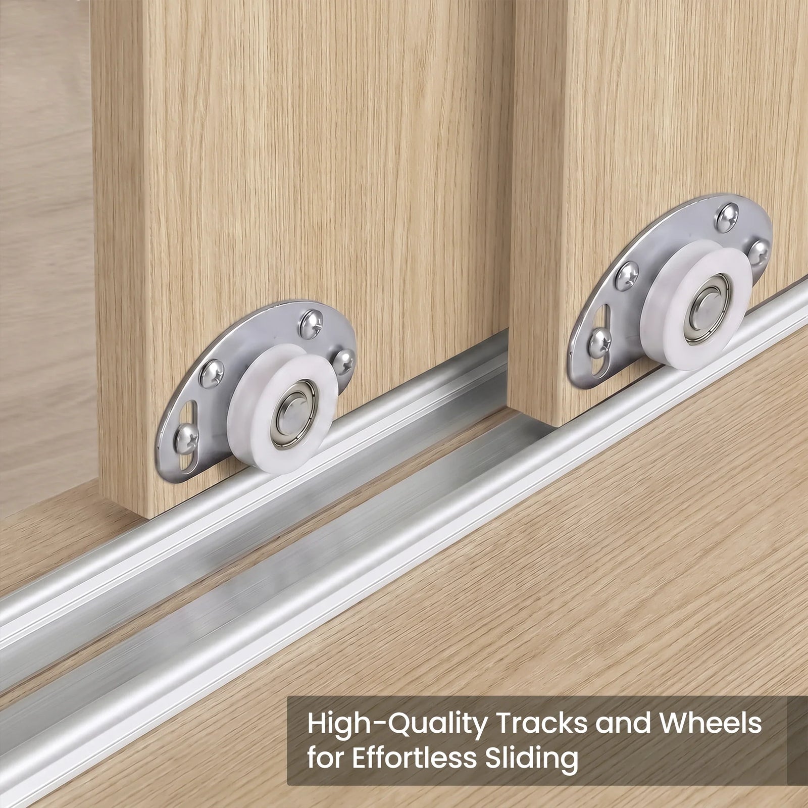 [Oak Effect] Torvek wardrobe close-up of chrome sliding door roller wheels on aluminium bottom track rail