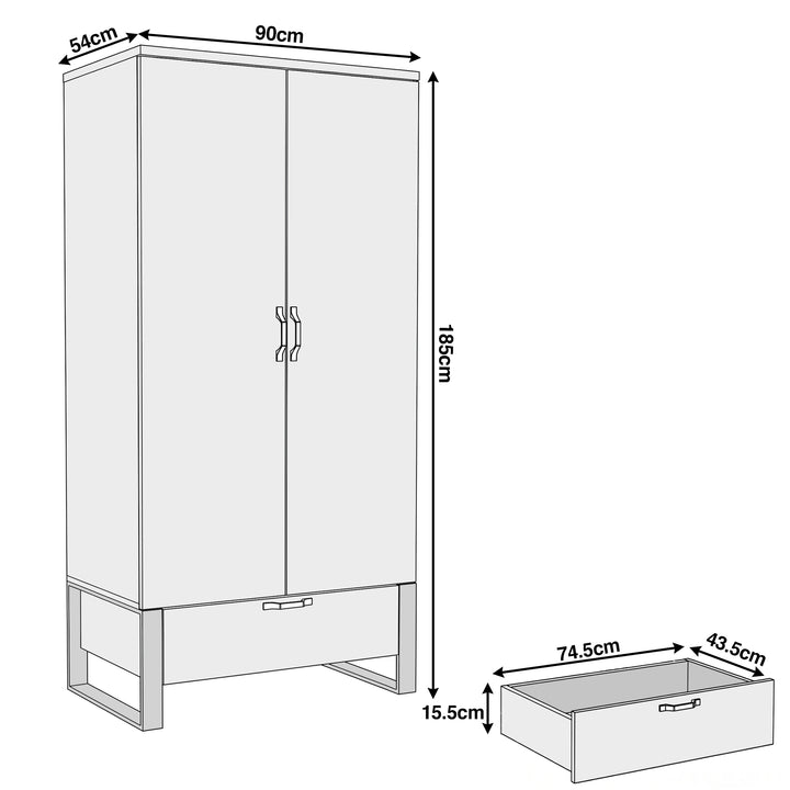 [Oak Effect]   2 door wardrobe dimensions: 90 x 54 x 185cm, drawer shown as 74.5 x 43.5 x 15.5cm