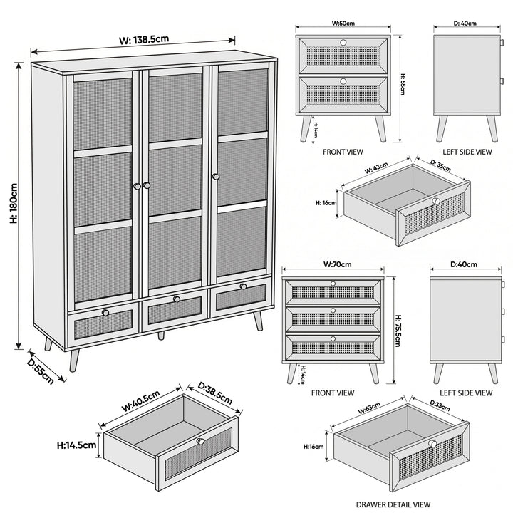 [Oak Effect] Wovena bedroom set dimensions showing bedside table 50x40x55cm, 3-drawer chest 70x40x75.5cm, and wardrobe 138.5x55x180cm