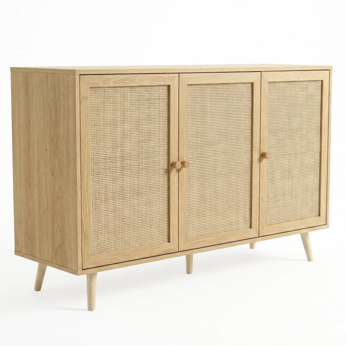 [Oak Effect] three quarter product shot of the Wovena 3 door sideboard against a white background with cane doors