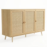 [Oak Effect] three quarter product shot of the Wovena 3 door sideboard against a white background with cane doors