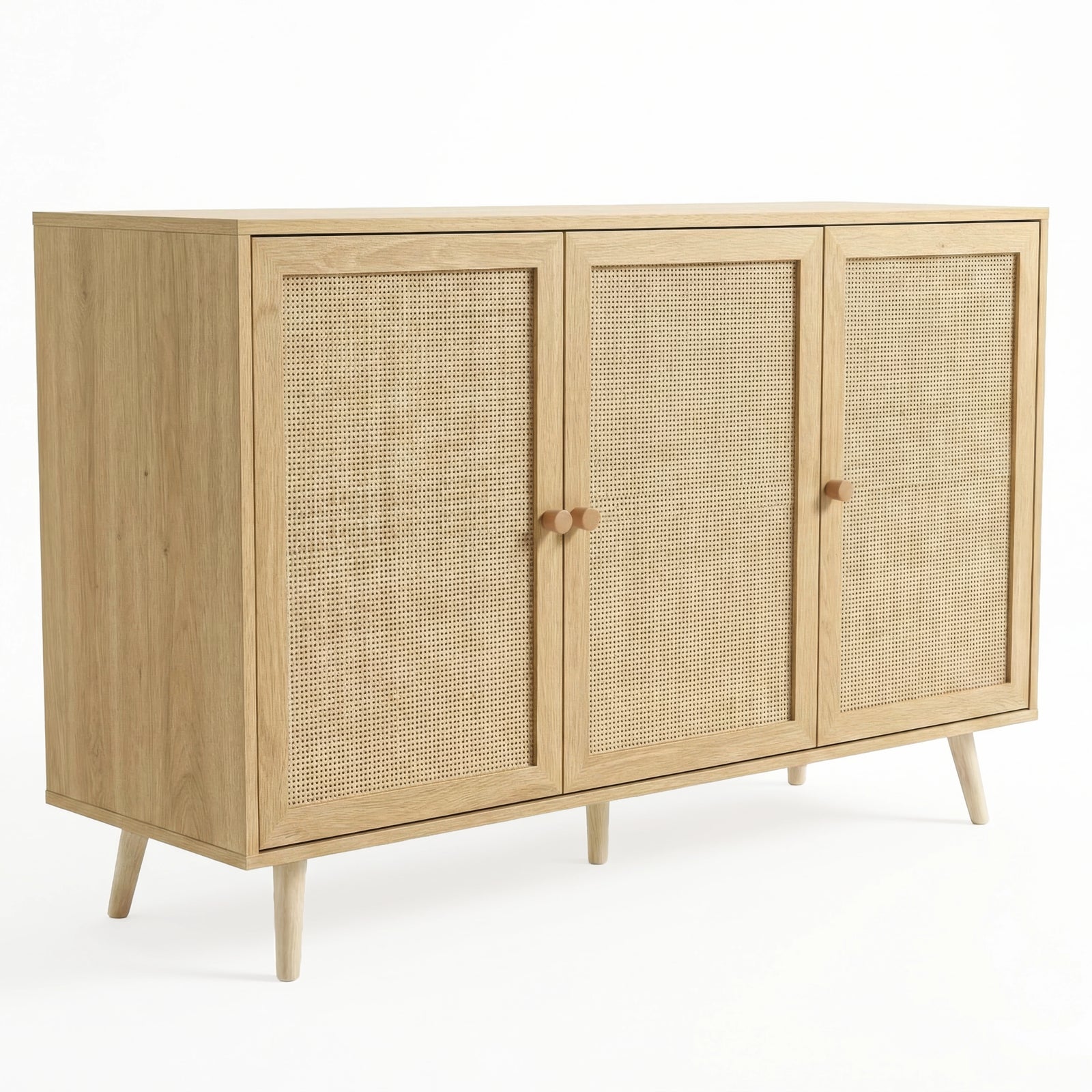 [Oak Effect] three quarter product shot of the Wovena 3 door sideboard against a white background with cane doors