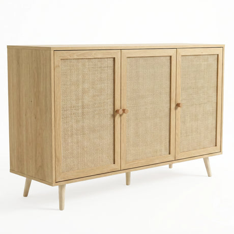 [Oak Effect] Wovena 3-door sideboard in a 3/4 angle view on a white background showing the warm oak top panel, three rattan door panels, and splayed natural legs