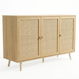[Oak Effect] three quarter product shot of the Wovena 3 door sideboard against a white background with cane doors