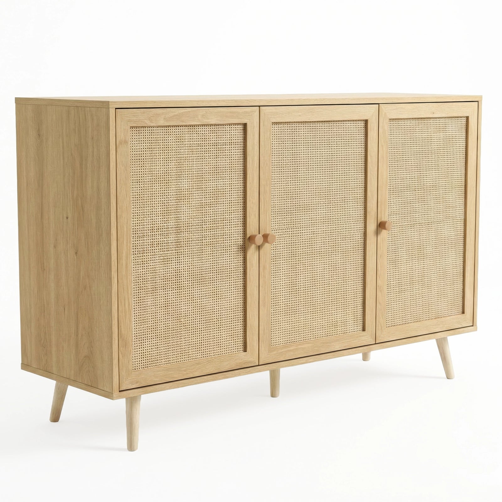 [Oak Effect] three quarter product shot of the Wovena 3 door sideboard against a white background with cane doors