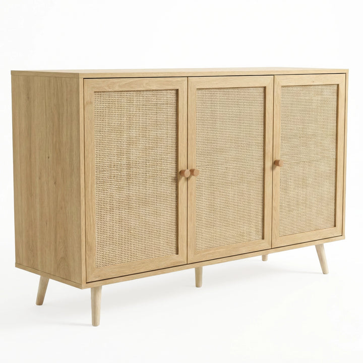 [Oak Effect] three quarter product shot of the Wovena 3 door sideboard against a white background with cane doors