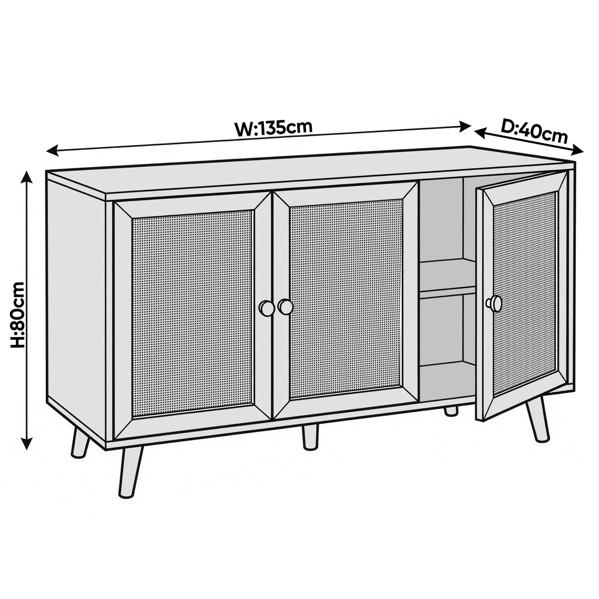 [Oak Effect] Wovena 3 door rattan sideboard dimension diagram marked W135cm x D40cm x H80cm with cane door panels