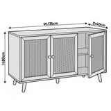 [Oak Effect] Wovena 3 door rattan sideboard dimension diagram marked W135cm x D40cm x H80cm with cane door panels