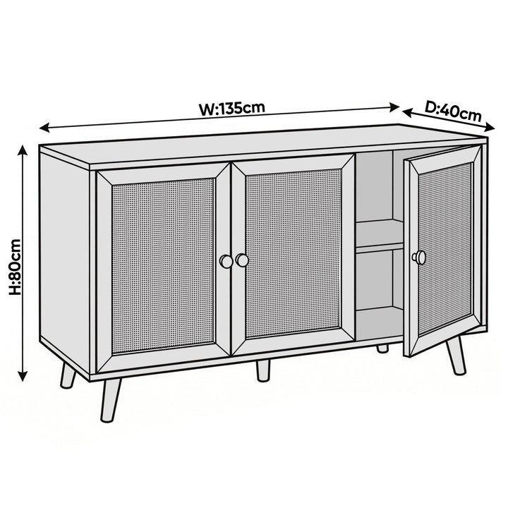 [Oak Effect] Wovena 3 door rattan sideboard dimension diagram marked W135cm x D40cm x H80cm with cane door panels