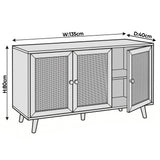 [Oak Effect] Wovena 3 door rattan sideboard dimension diagram marked W135cm x D40cm x H80cm with cane door panels