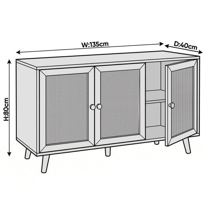 [Oak Effect] Wovena 3 door rattan sideboard dimension diagram marked W135cm x D40cm x H80cm with cane door panels