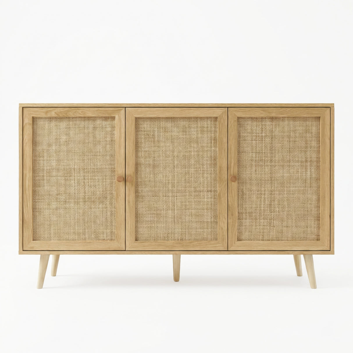 [Oak Effect] front product shot of the oak effect Wovena sideboard showing all three cane doors and splayed legs