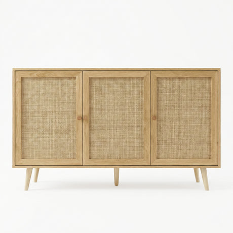 [Oak Effect] Wovena 3-door sideboard photographed straight-on against a white background, showing the full run of three rattan door panels and two sets of paired oak knobs