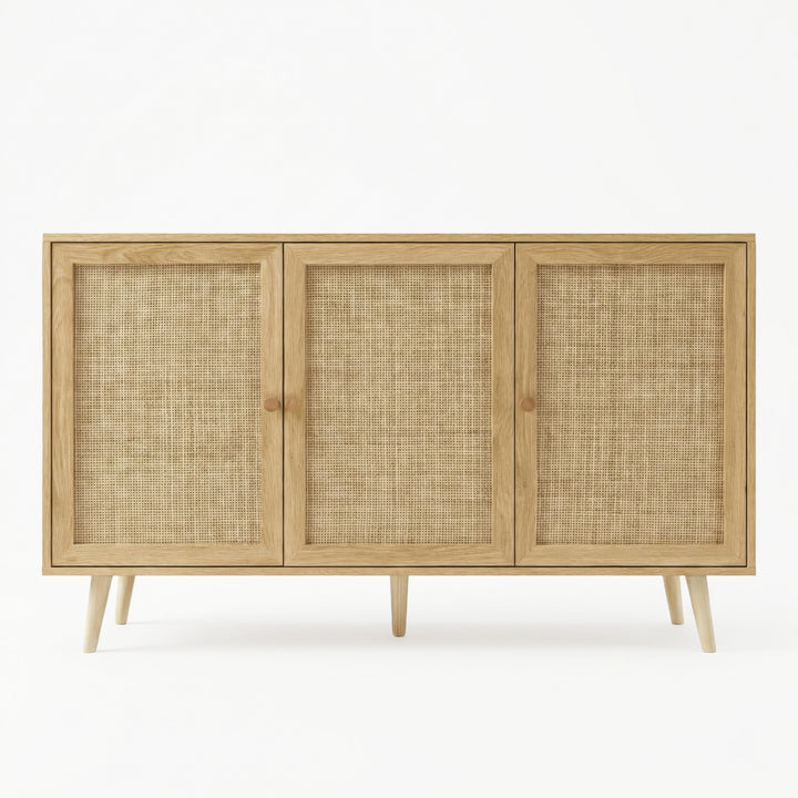 [Oak Effect] front product shot of the oak effect Wovena sideboard showing all three cane doors and splayed legs