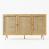 [Oak Effect] front product shot of the oak effect Wovena sideboard showing all three cane doors and splayed legs