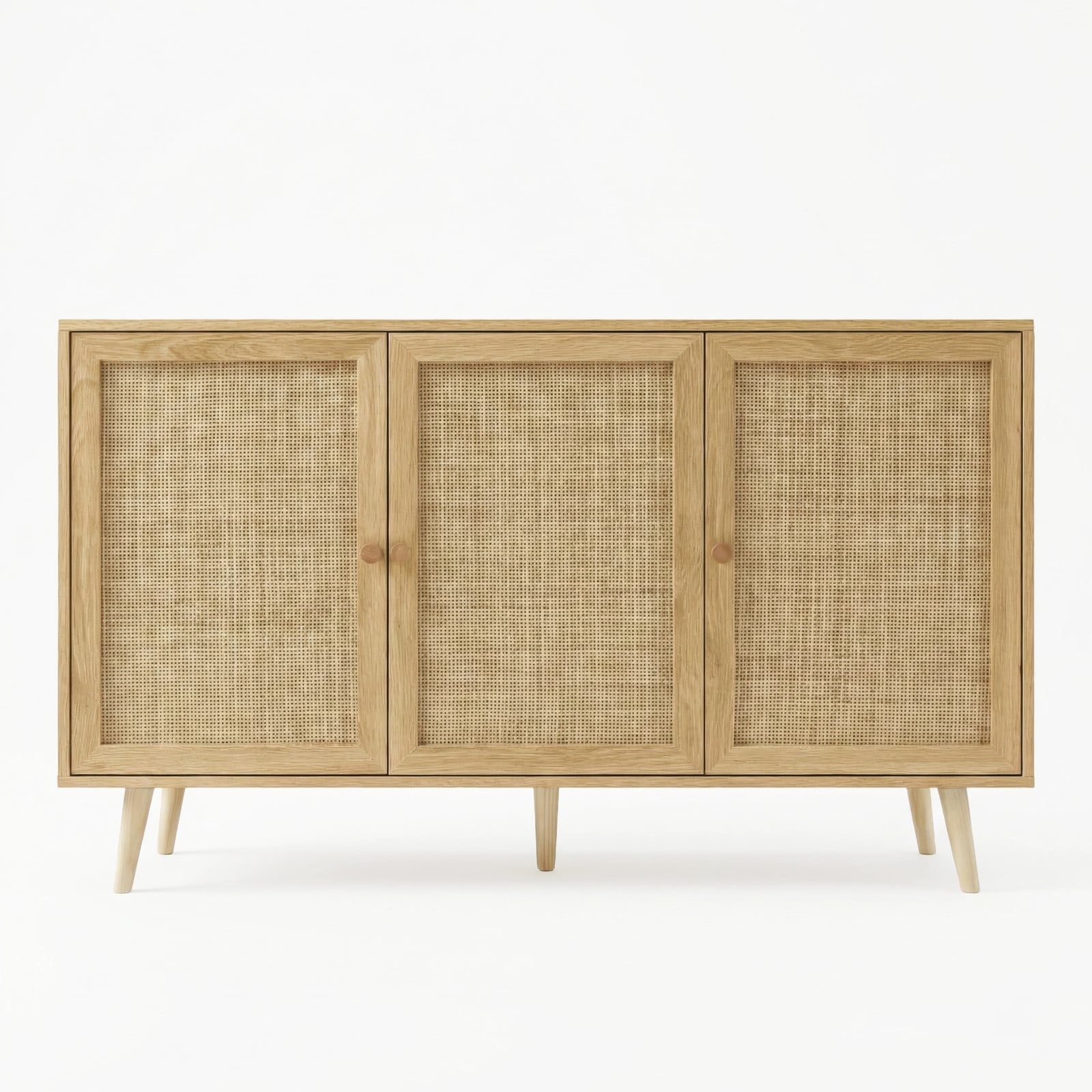 [Oak Effect] front product shot of the oak effect Wovena sideboard showing all three cane doors and splayed legs