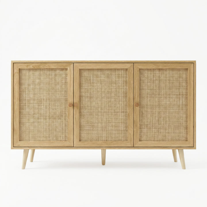 [Oak Effect] front product shot of the oak effect Wovena sideboard showing all three cane doors and splayed legs