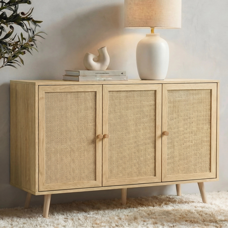 [Oak Effect] Wovena 3-door sideboard in a wider front lifestyle view showing all three rattan door panels and paired oak knobs, with an olive tree and ceramic lamp on top