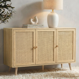 [Oak Effect] Wovena 3 door rattan sideboard styled with a gourd lamp, two books and a white bird figurine on top
