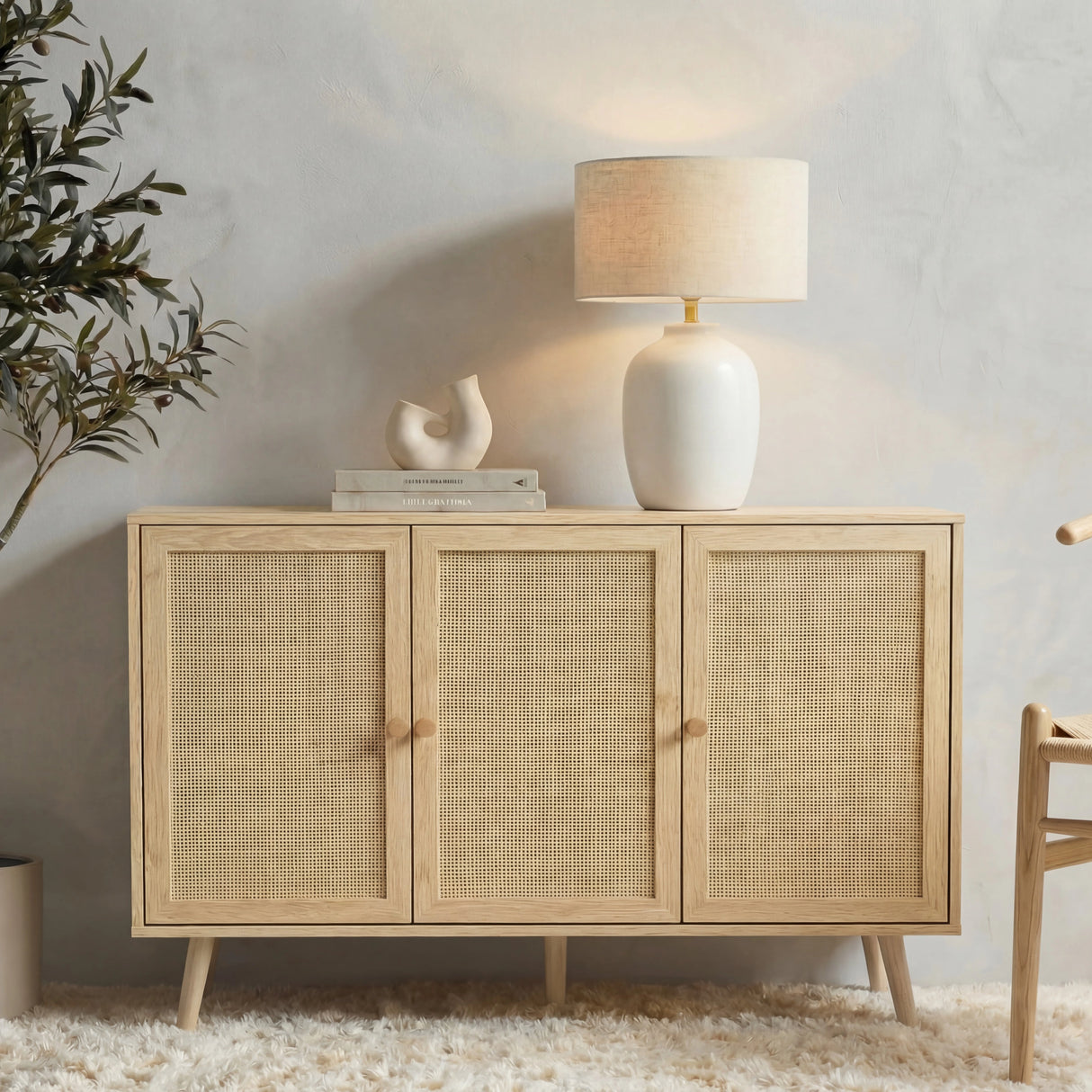 [Oak Effect] front lifestyle of the 3 door Wovena sideboard on oat carpet with paired pine knobs centred on doors