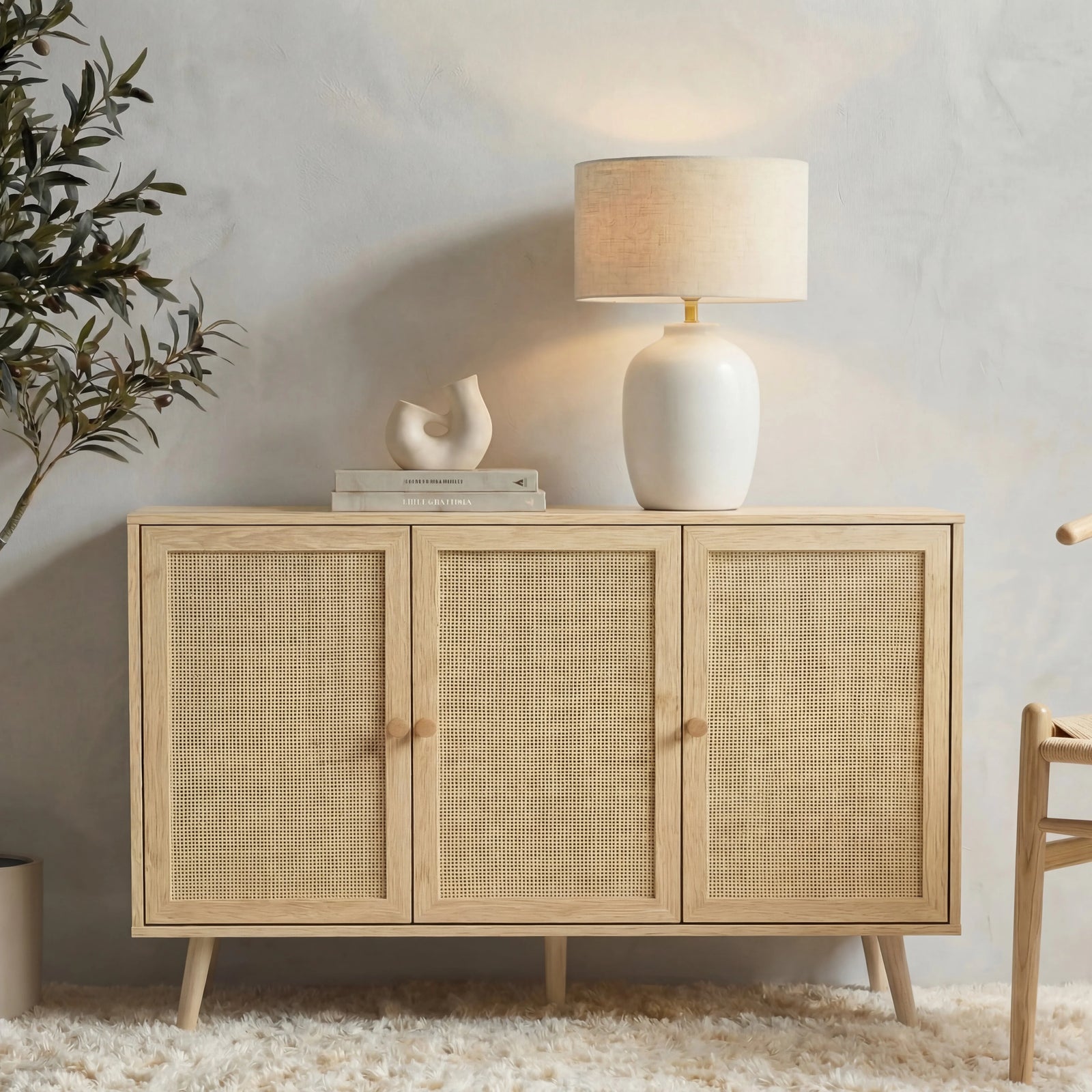 [Oak Effect] front lifestyle of the 3 door Wovena sideboard on oat carpet with paired pine knobs centred on doors
