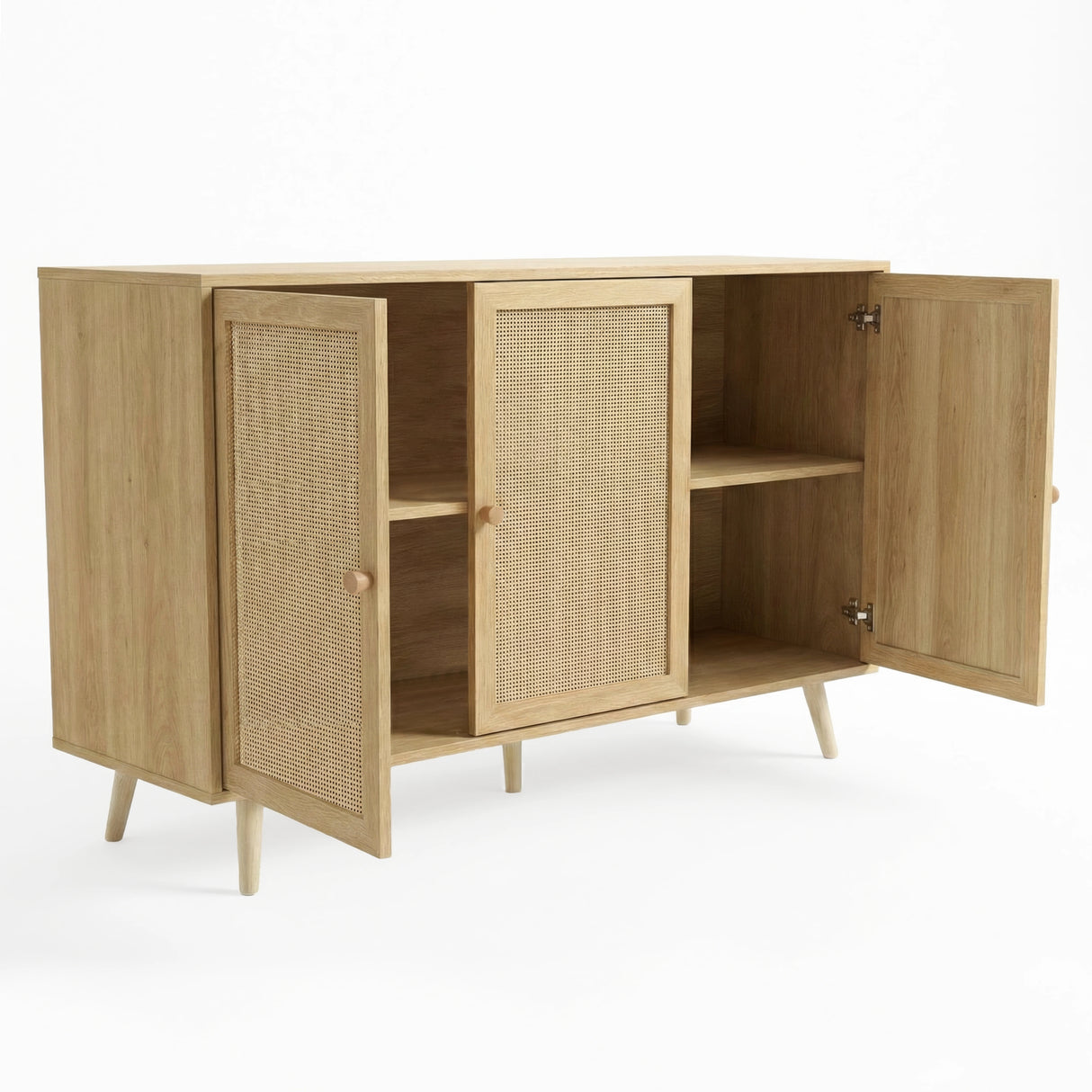[Oak Effect] Wovena rattan sideboard interior reveal with hinges visible and the centre cane door kept shut