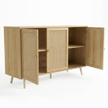 [Oak Effect] Wovena 3-door sideboard with outer doors open on a white background revealing two warm oak interior shelf compartments, hinge hardware, and centre door closed