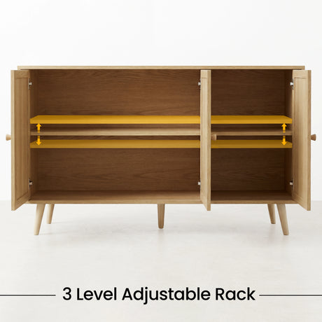 [Oak Effect] cabinet with open doors showing a 3-level adjustable rack on a white background