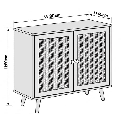 [Oak Effect] Wovena sideboard dimension diagram showing 80cm width, 80cm height, and 40cm depth with two rattan door panels and paired oak knobs