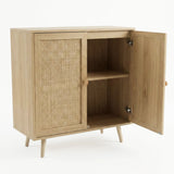 [Oak Effect] Wovena sideboard with right door open on a white background revealing a single internal shelf, warm oak interior, and soft-close hinge hardware