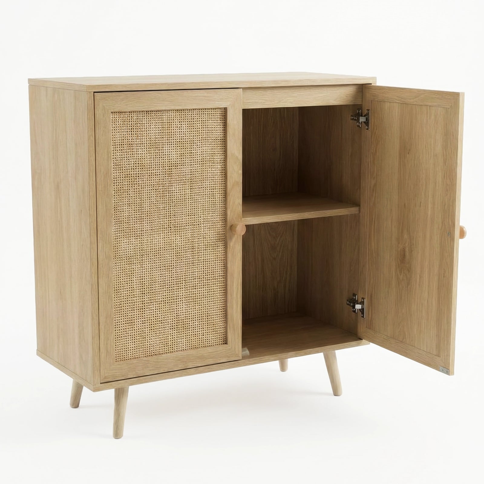 [Oak Effect] Wovena sideboard with right door open on a white background revealing a single internal shelf, warm oak interior, and soft-close hinge hardware