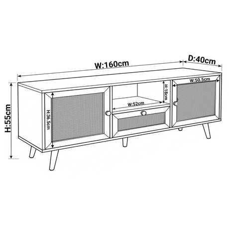 [Oak Effect] Wovena TV unit dimension diagram showing 160cm width, 55cm height, 40cm depth, and labelled internal shelf and door measurements