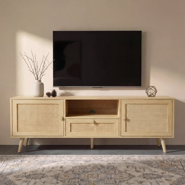 [Oak Effect] Front-on Wovena rattan TV unit with bare branch stems, pine cones and gold metal ornament on top