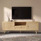 [Oak Effect] Front-on Wovena rattan TV unit with bare branch stems, pine cones and gold metal ornament on top
