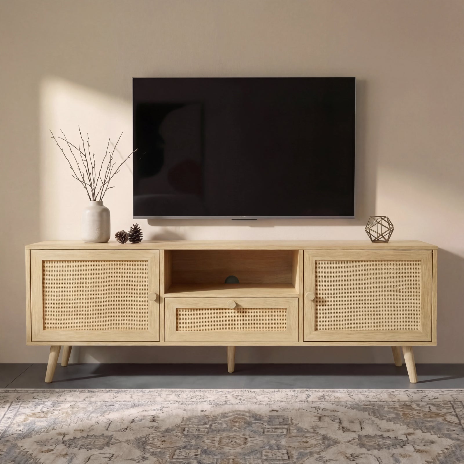 [Oak Effect] Front-on Wovena rattan TV unit with bare branch stems, pine cones and gold metal ornament on top